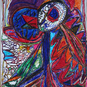 Colourful, blue, red, green, yellow line drawing of bird