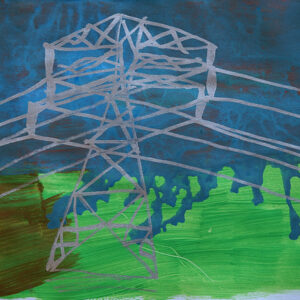 Silver electricity pylons on a background of blue sky dripping into green grass