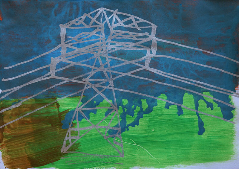 Silver electricity pylons on a background of blue sky dripping into green grass