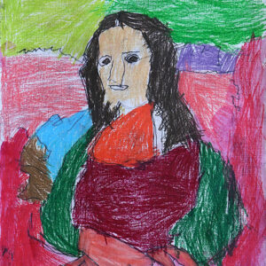 Lady with long brown hair in rbrown dress with green sleeves on a rainbow colourful backgraound