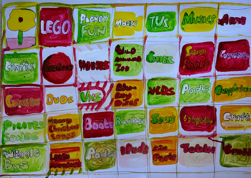 Squares of yellow, red, green with text inside